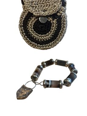 Vintage Banded Agate Sterling Silver Bracelet + Handmade Crochet Mini Bag Set